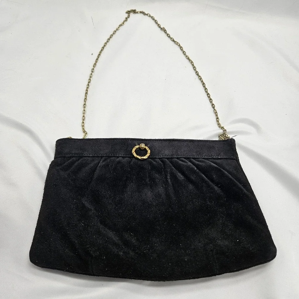 Vintage 90s Sueded Hinged Frame Clutch Oyster‎ Clam Purse Handbag Chain Strap